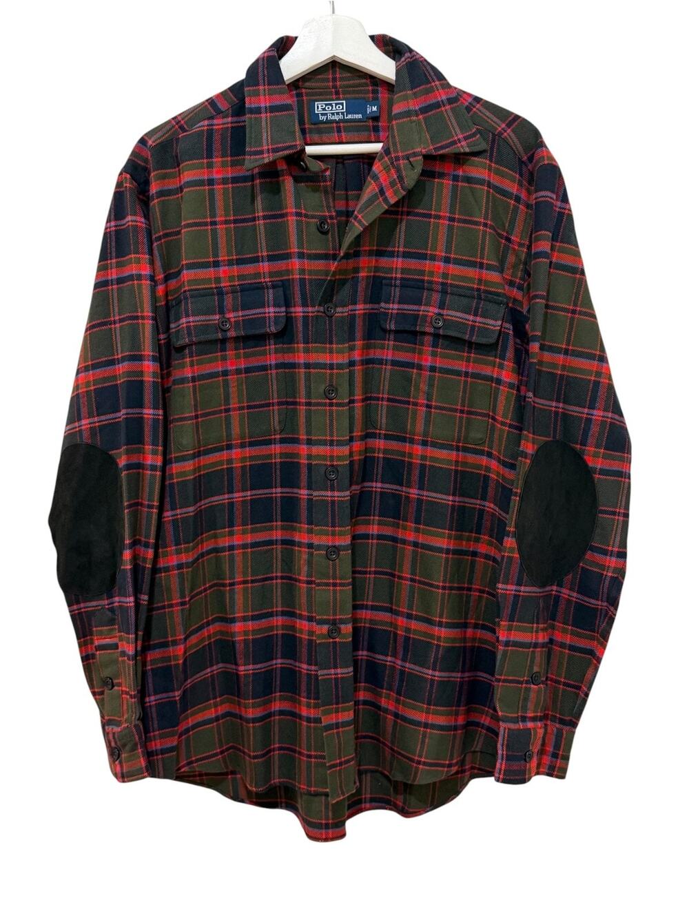 Polo Ralph Lauren Shirt Mens Medium Plaid Flannel Elbow Patch Long Sleeve Italy